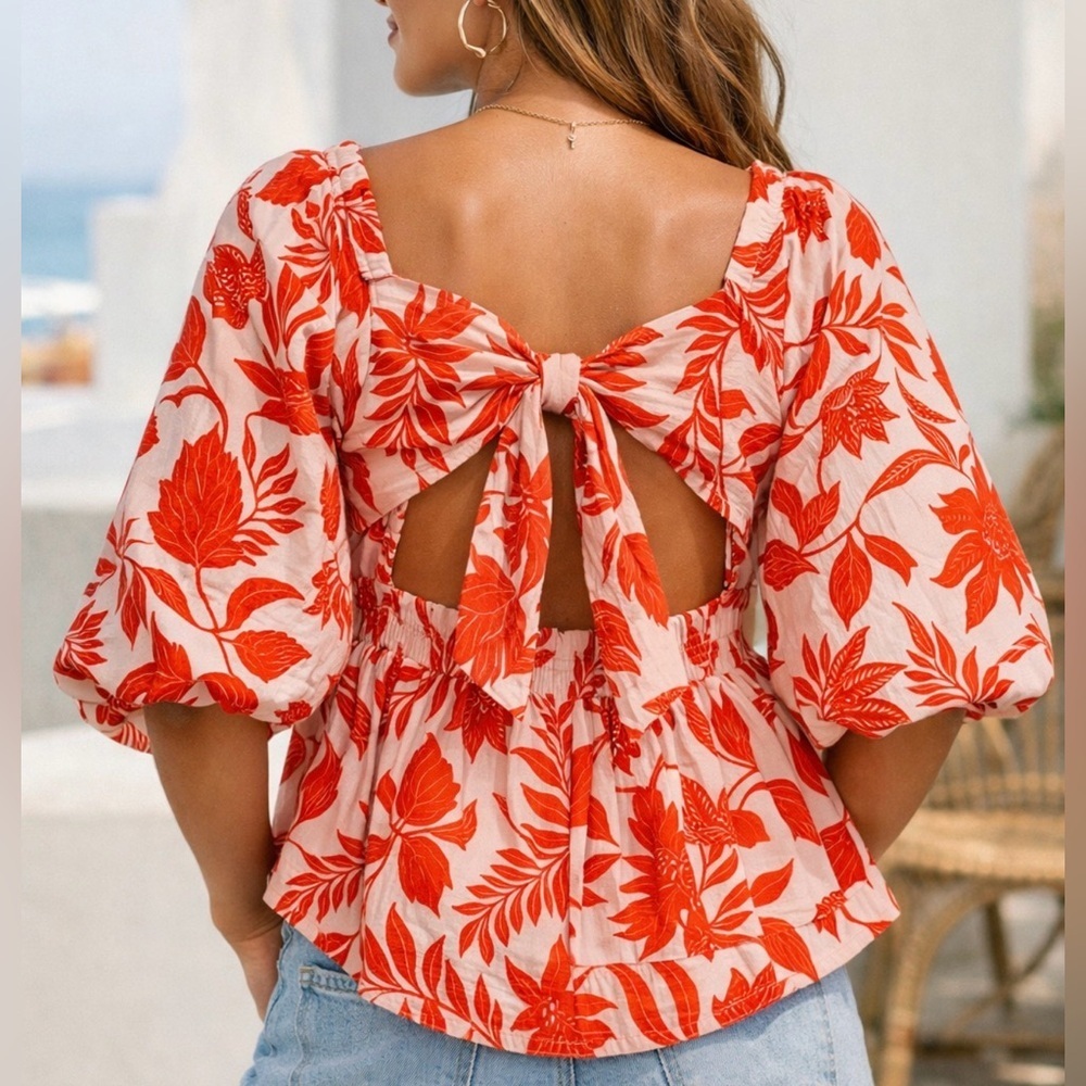 Y.A.S Red Botanical Puff Sleeve Tie Back Blouse EU 42 US 10 Cotton Resort Top